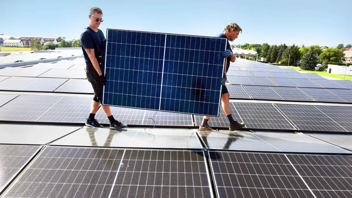 23.08.2023, Sachsen, Köhra: Greg King und Maik Schedletzky (l-r) der Leipziger Solargesellschaft mbH tragen ein Solarmodul auf dem Dach der Frische GmbH Köhra. Mit der Solaranlage auf dem Dach und Solarmodulen an der 50 Meter langen und 11 Meter hohen Fassade hinter einem Tiefkühllager erhofft sich das Unternehmen mit der damit verbundenen Beschattung der Südseite neben der Stromerzeugung weniger Wärmeübertragung in die Hallen und Energieeinsparung für die Kälteerzeugung. Die notwendigen Energiekosten für die Kälteanlagen des Tiefkühllagers mit Minus 24 Grad und der Kühlhalle mit Temperaturen von vier bis zehn Grad für die Kommisionierung von Frischeerzeugnissen soll bei den Energiekosten um bis zu 10 Prozent gesenkt werden. Im ersten Halbjahr 2023 sind in Sachsen mehr Photovoltaikanlagen errichtet worden, als im gesamten Vorjahr. Wie aus Zahlen des Branchenportals für die Solarenergie hervorgeht, wurden von Januar bis Juli mehr als 22 000 Anlagen mit einer Leistung von insgesamt 265,2 Megawatt installiert. Im gesamten Vorjahr waren es demnach fast 15 500 Anlagen mit 244,6 Megawatt. Foto: Waltraud Grubitzsch/dpa/ZB - Honorarfrei nur für Bezieher des Dienstes ZB-Funkregio Ost +++ ZB-FUNKREGIO OST +++