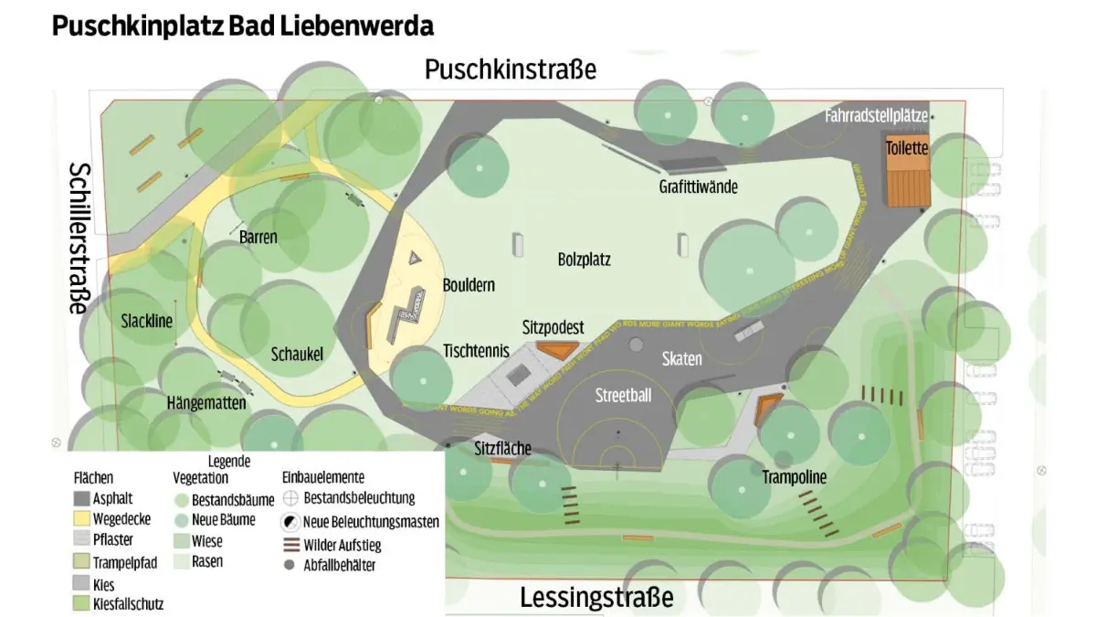 Diese Freizeit- und Sportelemente sind auf dem Puschkinplatz in Bad Liebenwerda geplant.
