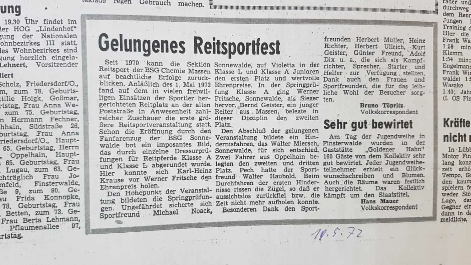 Der Massener Gerhard Dix hat im Archiv der Lausitzer Rundschau bereits einige spannende Zeitzeugnisse einstiger LR-Volkskorrespondenten entdeckt. Die Reitsportler in Massen hoffen auf weitere Dokumente ihrer Pferdesportgeschichte zwischen 1970 und 1990.