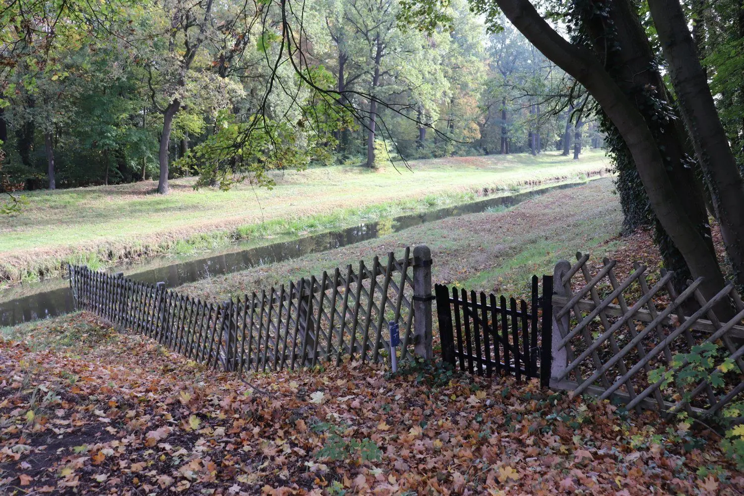Die Pulsnitz am Holzhof in Elsterwerda. Dieser Zaun, der einst ungebetene Gäste von den Sportanlagen fernhalten sollte, muss entfernt werden. Das wurde während der Deich- und Gewässerschau festgelegt. Ebenso die ein Stück weiter auf der Deichkrone stehenden Zaun-Betonsäulen, die keinen erkennbaren Zweck mehr haben.