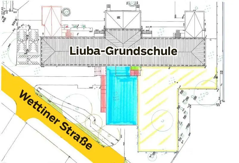 Blau straffiert ist der zusätzliche Flügel. Die Liuba-Grundschule könne mit den zusätzlichen Klassenräume dreizügig sein.