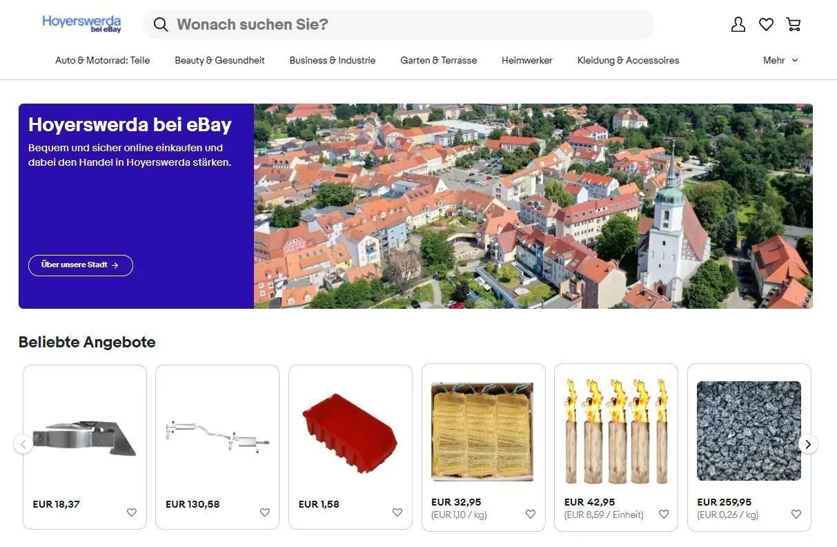 So sieht die Startseite von „eBay - Meine Stadt: Hoyerswerda“ aus. So ist die Seite zu erreichen: https://www.ebay-deine-stadt.de/hoyerswerda