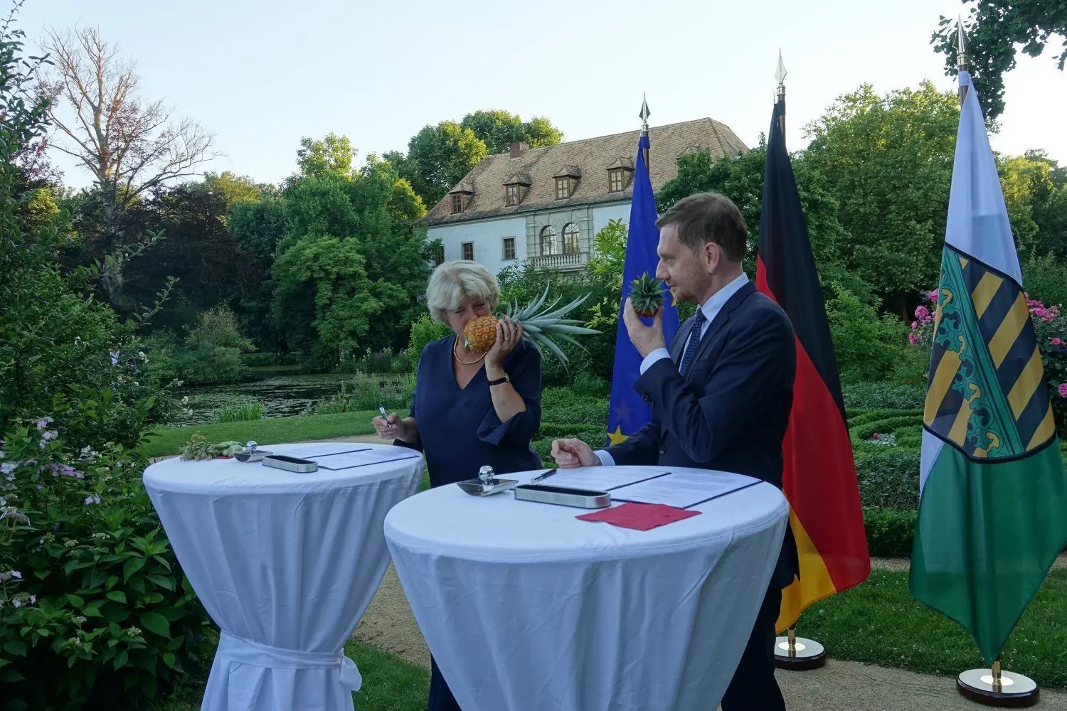 „Wenn es die nächsten Millionen für den Muskauer Park gibt, dann bekommst Du auch eine Ananas geschenkt. Jetzt darfst Du nur mal ihren Duft genießen“ - einfach mal MP Michael Kretschmer in den Mund gelegt.