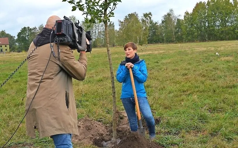 RTL-Reporterin Luisa Graf pflanzt am Freitagmittag während der Sendung „Punkt 12“ einen RTL-Einheitsbaum in Hoyerswerda.