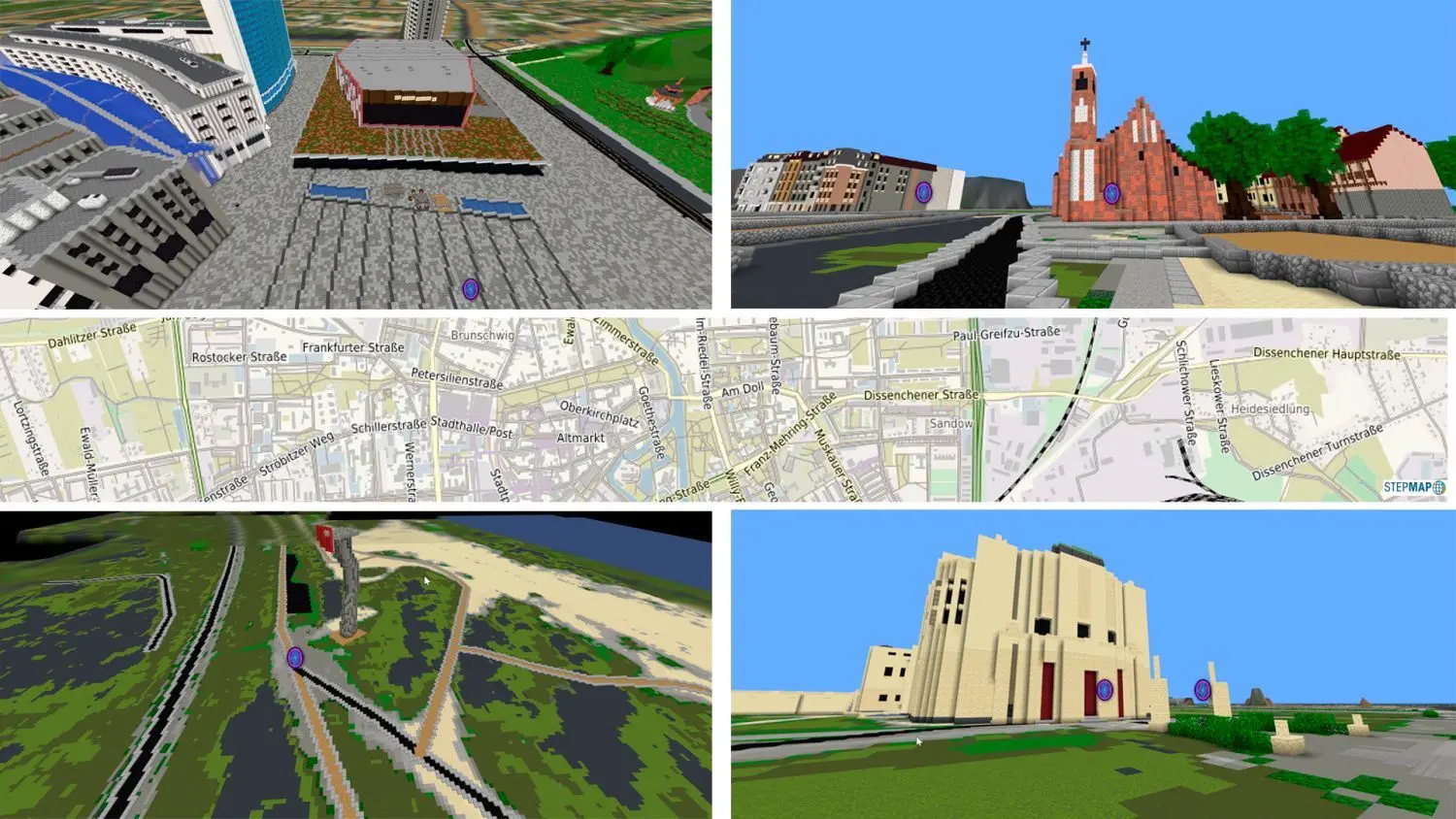 Bestens zu erkennen: Der Stadthallen-Vorplatz, die Klosterkirche im Wendischen Viertel, der Aussichtsturm am Ostsee in Merzdorf und das Cottbuser Staatstheater - alles nachgebaut auf Minecraft, dem erfolgreichsten Computerspiel aller Zeiten.