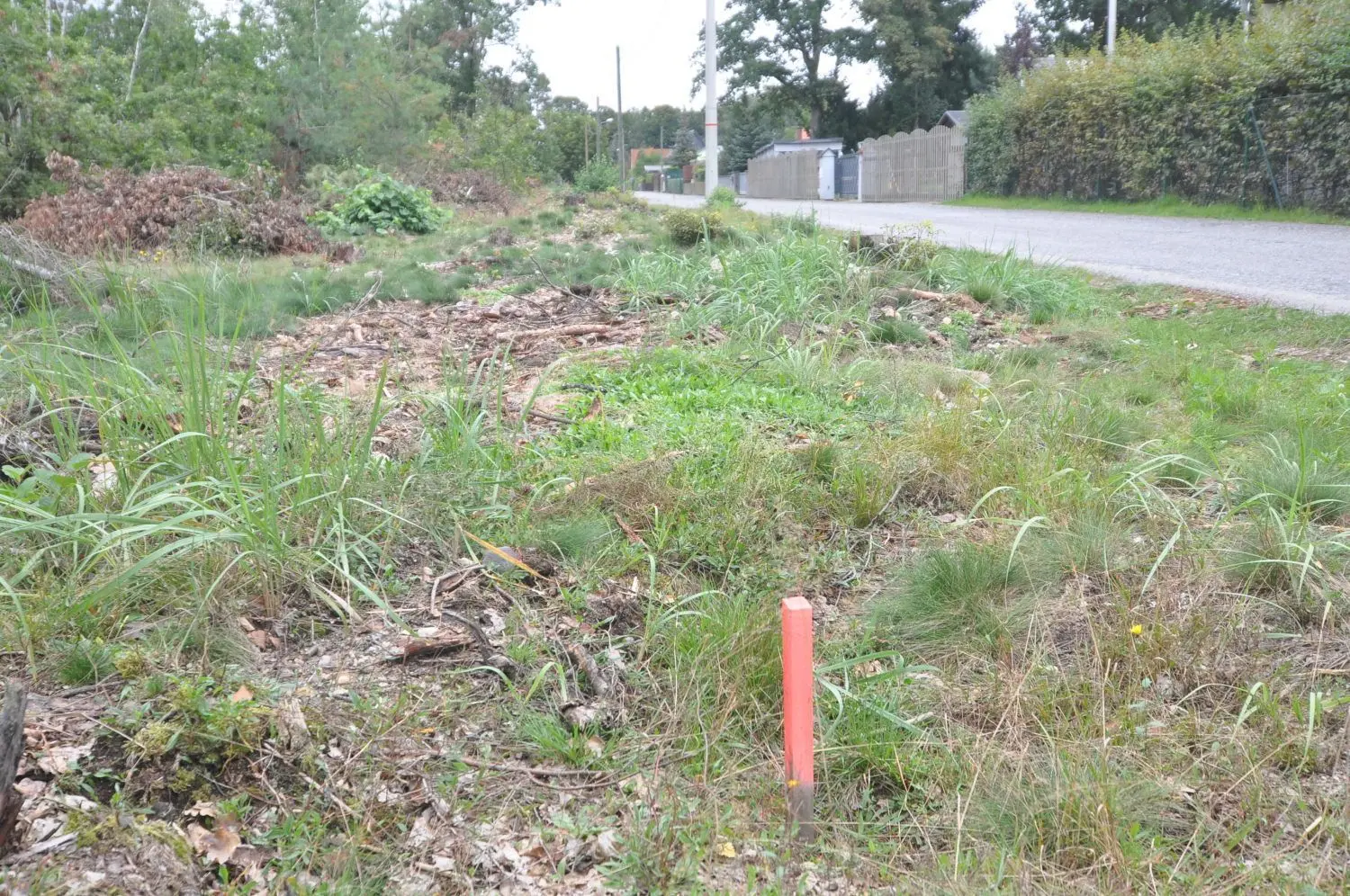 Die Parzellen für die acht Eigenheimgrundstücke im Mühlenweg in Dobra sind bereits abgesteckt. Die Straße soll noch in diesem Jahr ausgebaut werden.