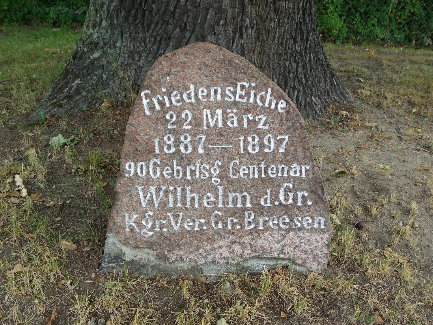Direkt neben dem Denkmal weist dieser Stein auf die Friedenseiche hin.