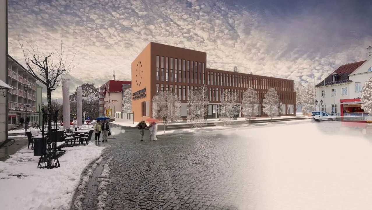 In der Variante 1 für die neue Fassade des Spremberger Bürgerhauses soll die Ziegel- oder Klinker-Optik brandenburgische Bautradition aufgreifen, obgleich der Entwurf sonst sehr modern wirkt.