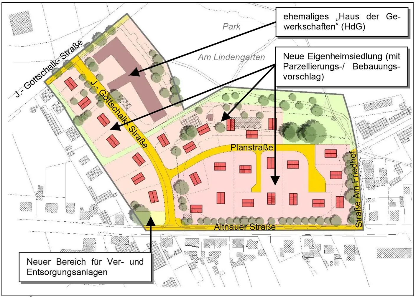 Geplante Bau- und Freiflächenstruktur im Plangebiet.