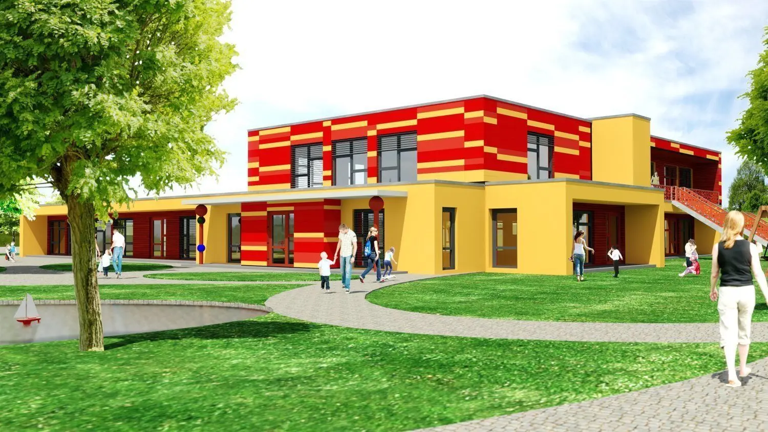 So könnte die neue Kita für 110 Kinder aussehen. Links befindet sich der Bereich für die Kinder bis drei Jahren und im zweistöckigen Bereich spielen Drei- bis Sechsjährigen.