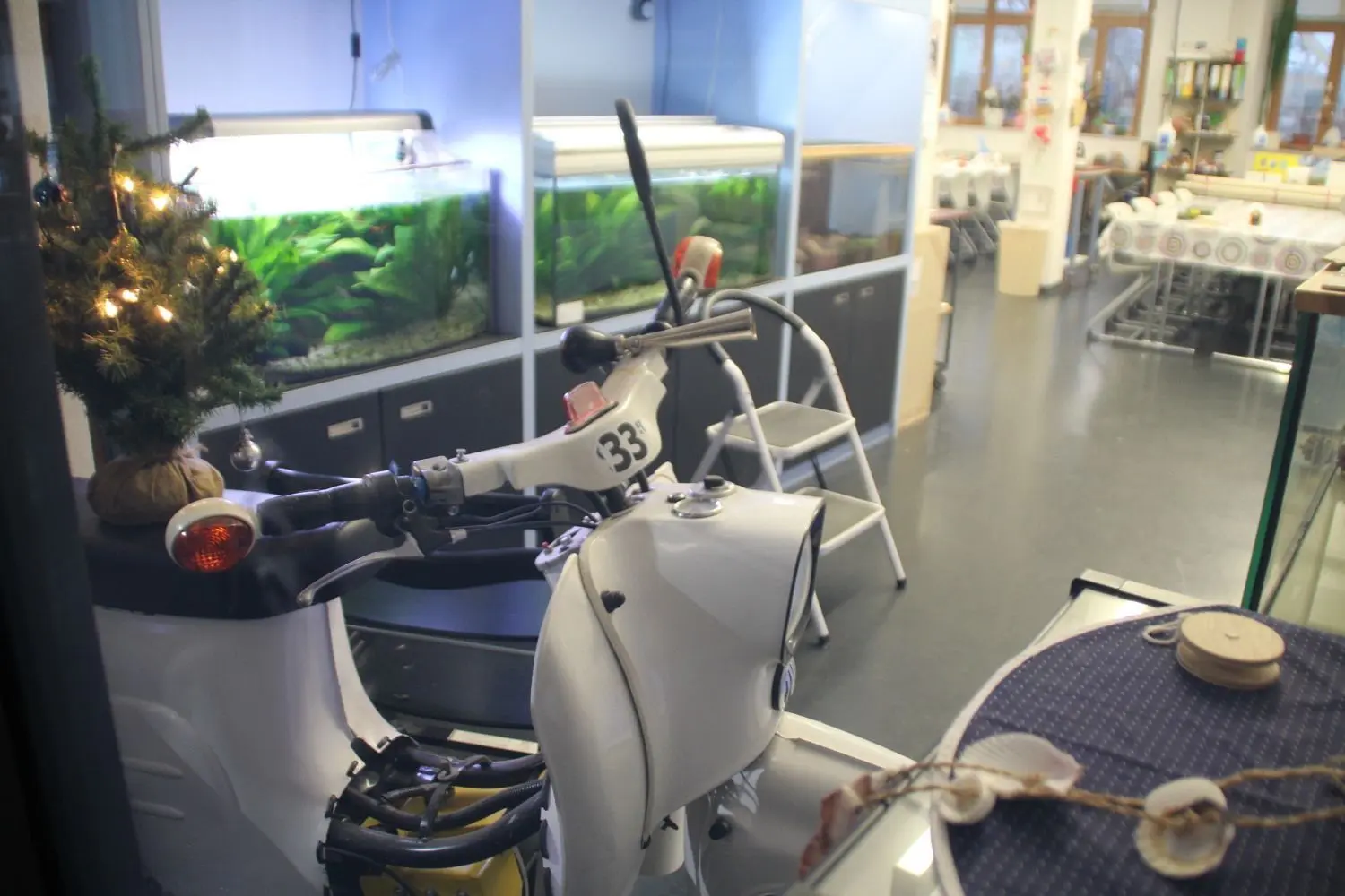 Blick in die Natz-Räume im Bürgerzentrum in Hoyerswerda: Das zur Elektro-Schwalbe umgebaute Moped war immer ein Hingucker. Mit dem Projekt befasste sich die AG Elektromobilität.