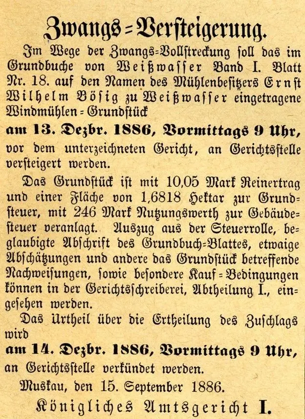 Das Gericht berichtet von Zwangsversteigerung der Mühle in Weißwasser.