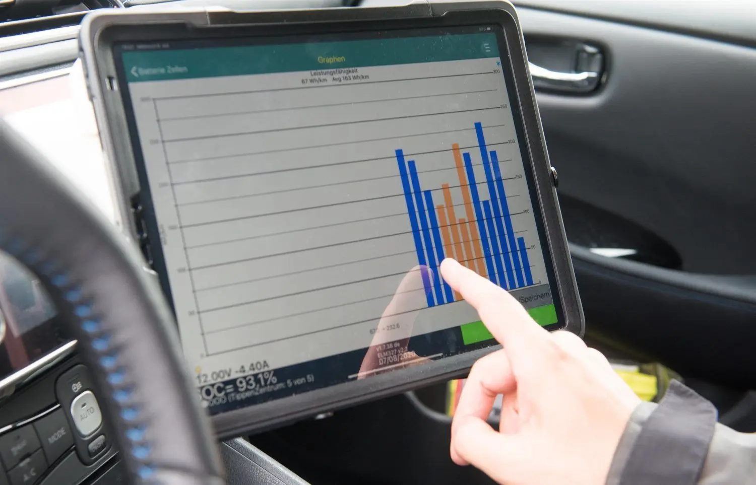 Auf einem Tablet können alle Daten rund um Fahrstrecken und Fahrdauer, Energieverbrauch und Ladezustand der Batterie abgerufen werden. Gut für die Forscher, im Testalltag allerdings personalrechtlich schwierig.