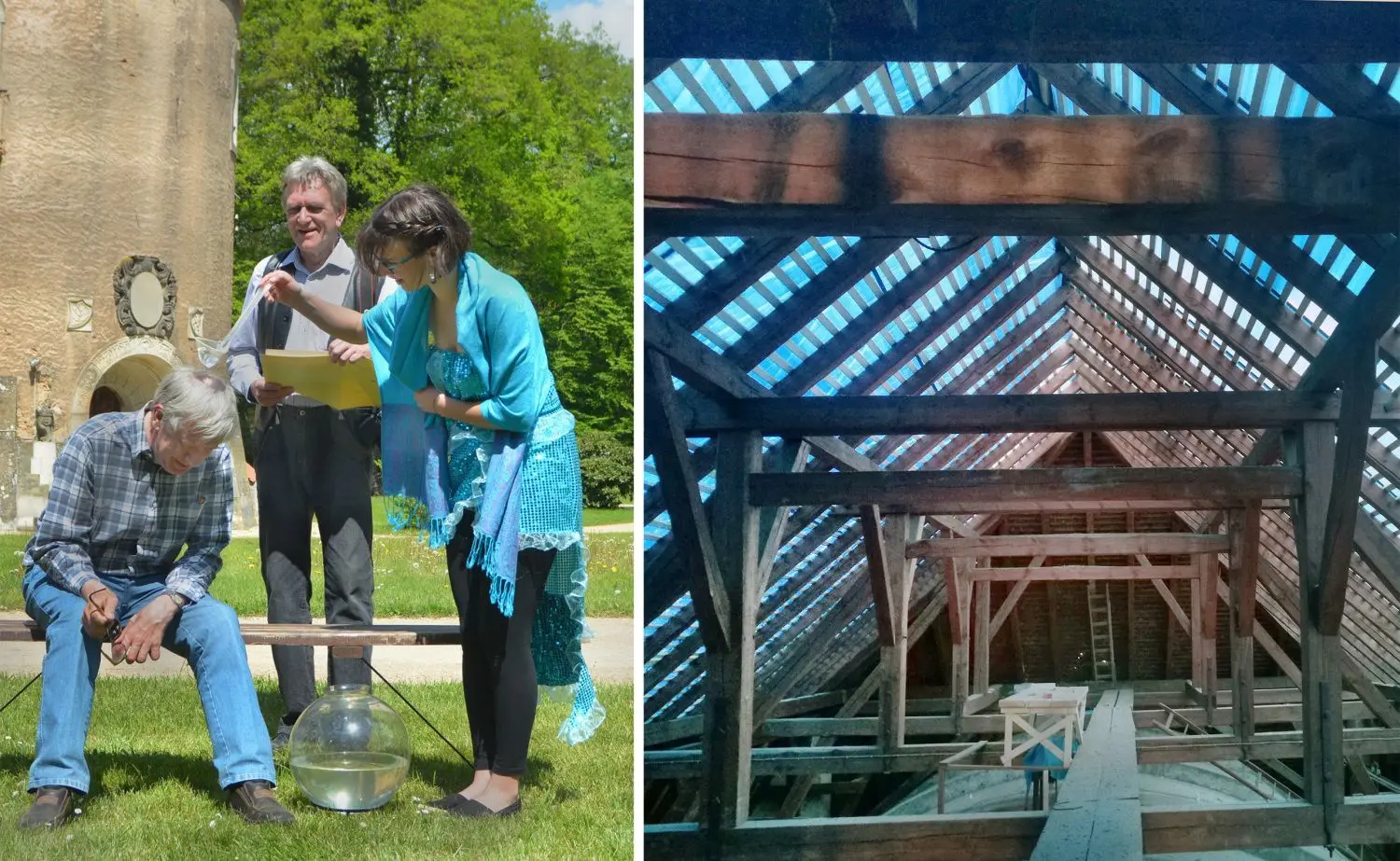 2016 ist Lothar Nicht (l.) von der Italienerin Maddalena Satori (Jugendbauhütte) zum Salzteichehrenbürger getauft worden. In diesem Jahr zählt er zu den Preisträgern des OSL-Ehrenamtes. Lothar Nicht ist u.a. Mitglied im Gemeindekirchenrat, begleitete und dokumentierte die Arbeiten am Kirchendach, wie auch den Moment, als den Dachstuhl nach 100 Jahren erstmals wieder Sonnenstrahlen küssten.