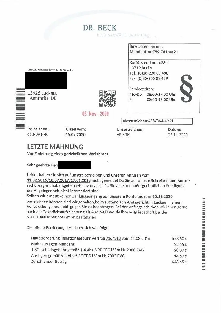 Solche Mahnschreiben liegen derzeit in Luckauer Briefkästen. Auf keinen Fall bezahlen, sagt die Polizei.