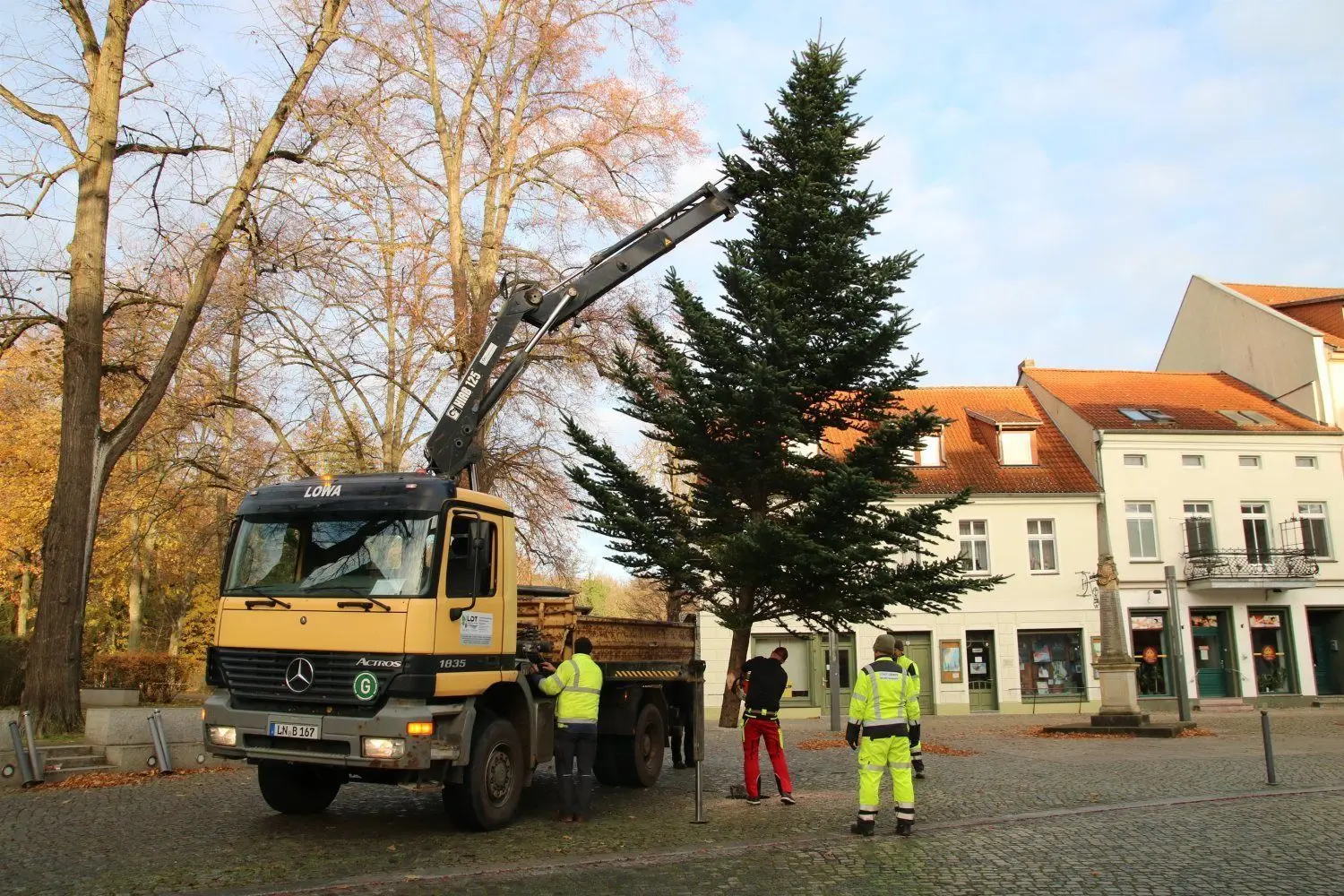 Mit der Motorsäge wird der Baum passend für die Bodenhülse zugeschnitten.