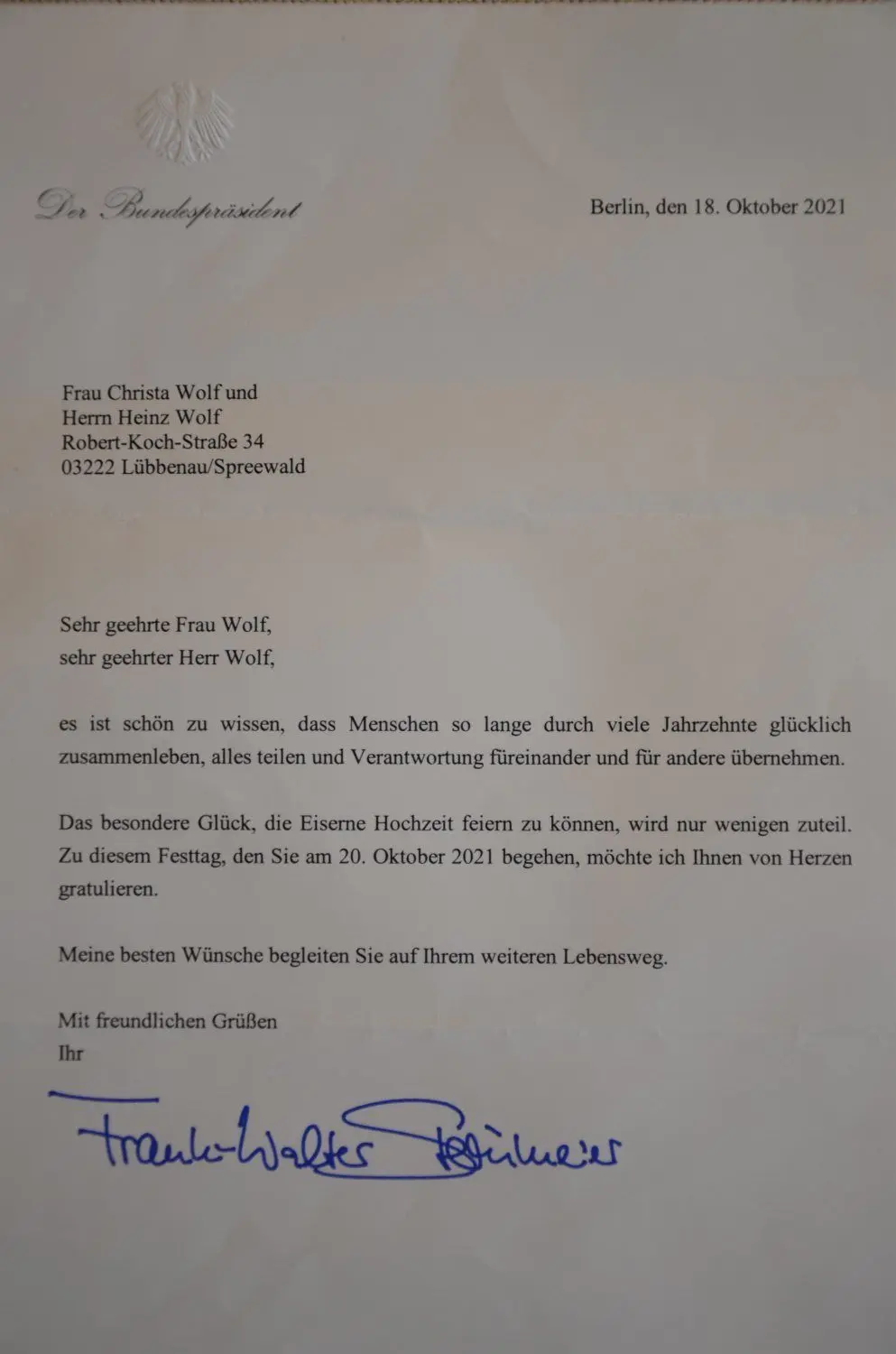 Glückwunschschreiben des Bundespräsidenten an die Lübbenauer Jubilare.