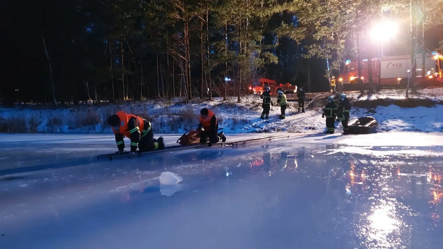 Mit einer Steckleiter versuchen Kameraden der Feuerwehr Forst, die im Eis eingebrochene Person zu bergen.