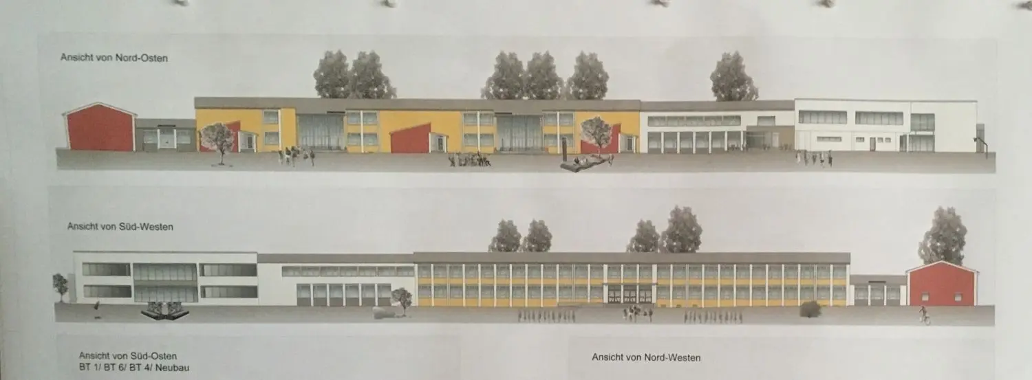 Das sind die Pläne für die neue Oberschule. Oben sind die drei Pavillons nur im Ansatz dargestellt.