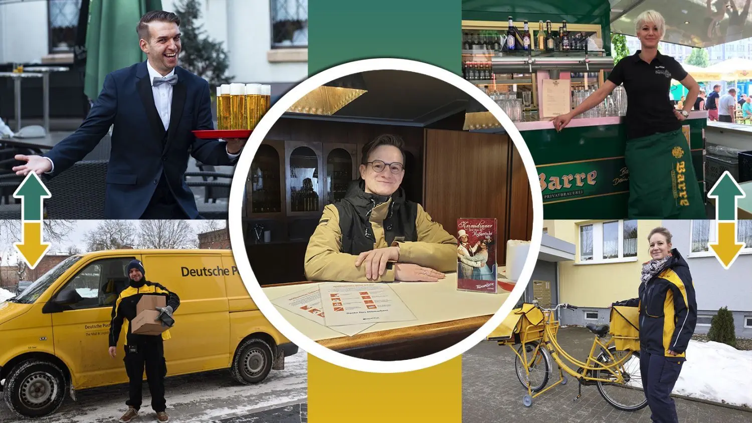 Macht sich in Finsterwalde breit: eine neue Art, die als Postwirte bezeichnet werden könnte. Coronabedingt haben die Gastronomen Christian Franke (32, links) und Nadine Umlauf (36) den Job gewechselt, wollen aber nach der Pandemie zurück an ihre alte Wirkungsstätte in der Erholung. Das freut Gastwirt Marc Umlauf (32, Mitte), der im Vorweihnachtsgeschäft auch einige Pakete für die Deutsche Post zugestellt hat.