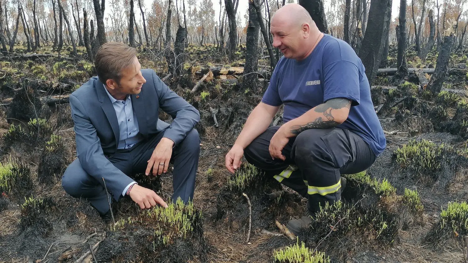 Das Grün ist nach dem Brand im Lobenmoor wieder da. Der Plessaer Amtsdirektor Göran Schrey und Günter Herrmann, stellvertretender Amtsbrandmeister, staunen nicht schlecht.