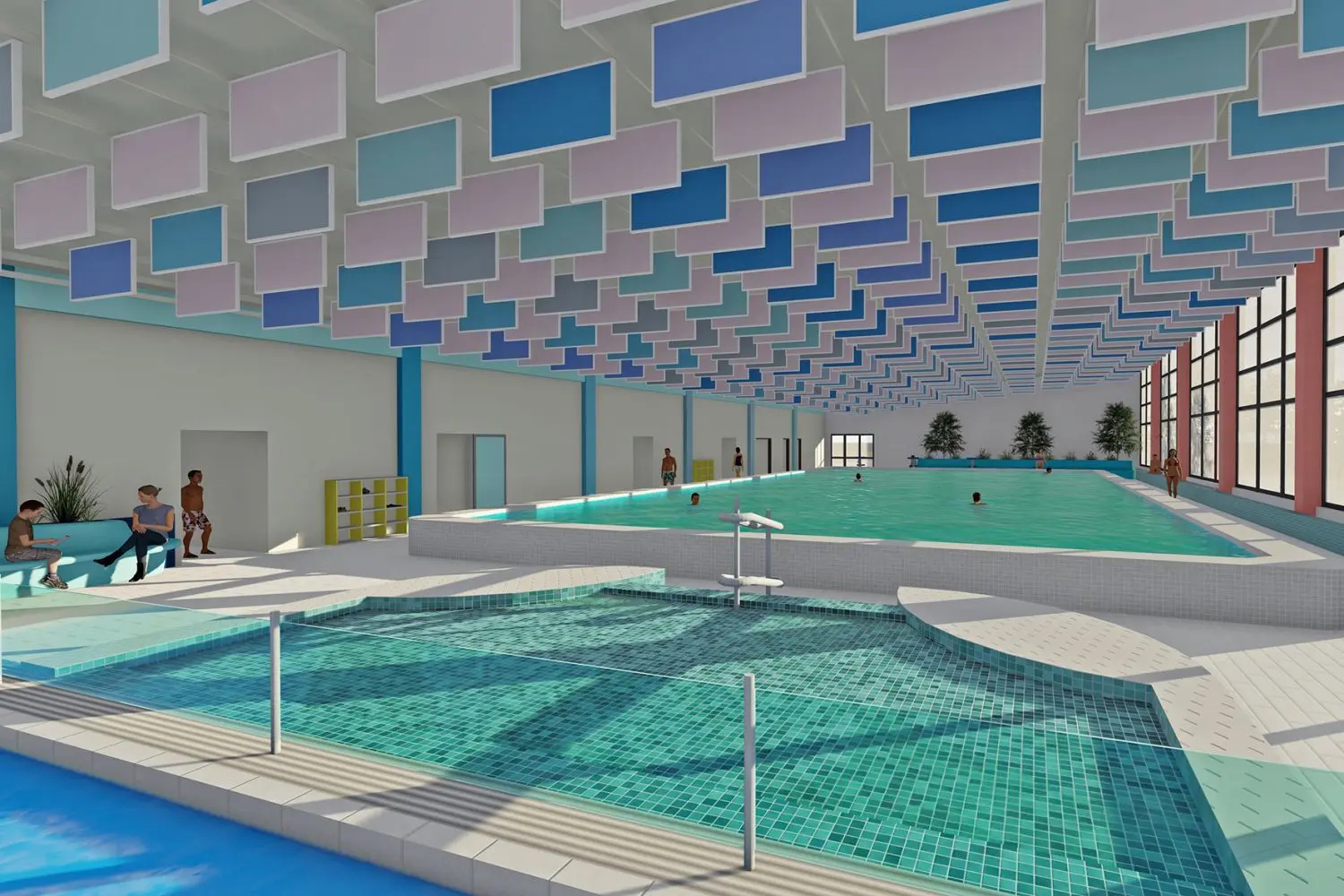 So soll es in der Lübbenauer Schwimmhalle ab August aussehen. Die Deckenelemente dürften ein Hingucker werden.