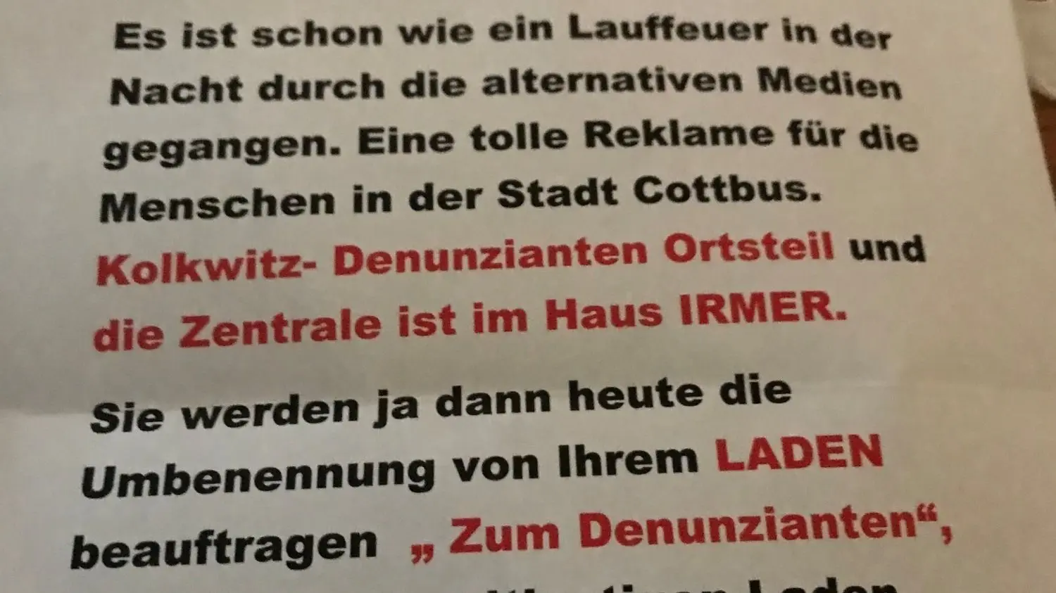 Solche Drohbriefe erhielt das Haus Unger in Kolkwitz.