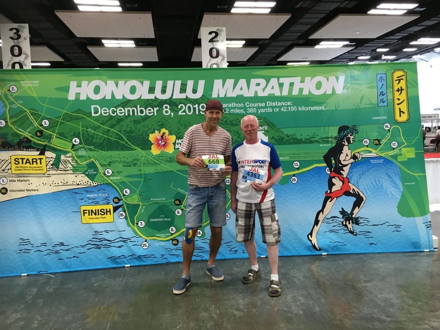 Uli Hayne (li) und Bodo Raschke (re) in Honululu mit ihren originalen Startnummern vor einem Plakat mit der offiziellen Streckenführung. Sowohl Streckenprofil als auch Witterungsbedingungen verlangten den beiden Freunden alles ab.