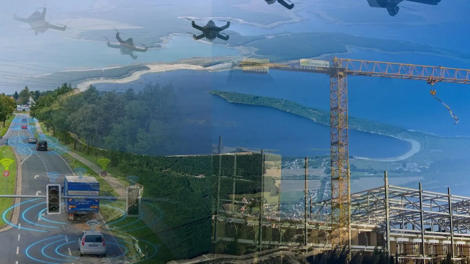 Die Zukunft könnte so aussehen: Drohnen fliegen über eine fiktive Baustelle in Hoyerswerda und sichern ab, dass Baufahrzeuge ferngesteuert werden.