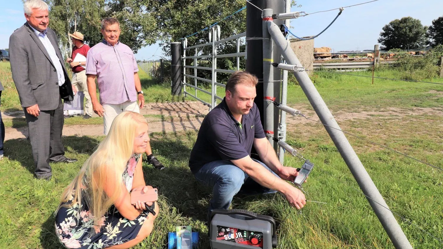 Christian Dietrich, Fachmann für Elektrozäune aus Zeischa, misst hier die Impulsstärke an den Litzen des Elektrozaunes einer Rinderweide südlich von Plessa. Die maximale Schlagenergie in Joule ist vorgeschrieben. Schmerzhaft ist es für den Wolf auf jeden Fall.