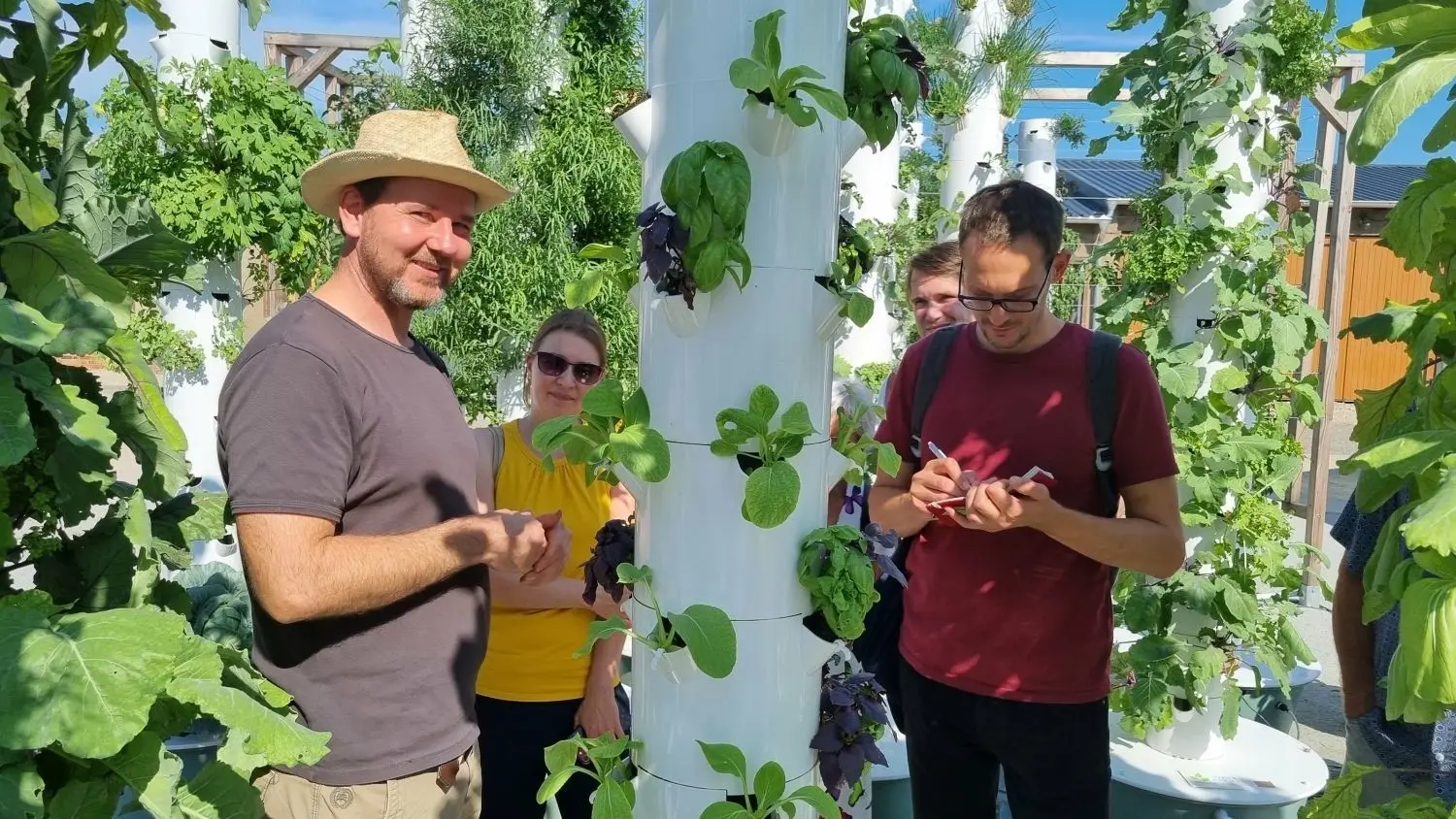 Steven Raabe (l.) zeigt dem Grünen-Landtagsabgeordneten Benjamin Raschke Salat- und Gurkentürme außerhalb der Gewächshäuser.