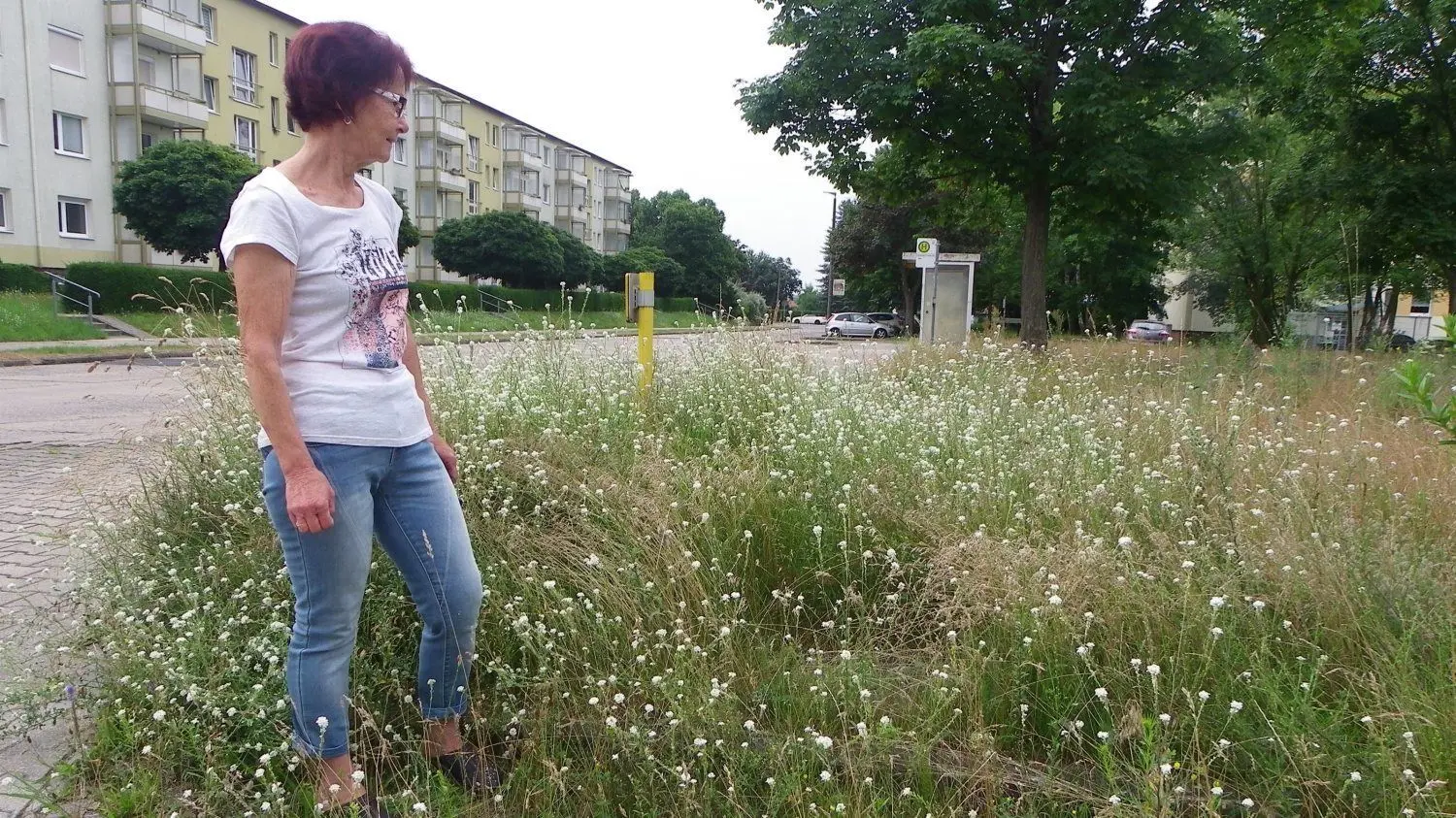 Marina Gerbach ärgert sich über den aktuellen Zustand der Freiflächen an der Leonhard-Frank-Straße, auf denen einst Wohnblöcke standen.