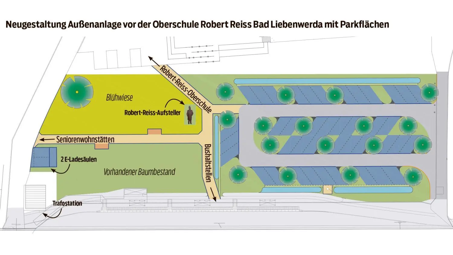 Die Grafik verdeutlicht die Anlage der Parkplätze, die Lage der geplanten Gehwege und die Grüngestaltung samt Blühwiese.