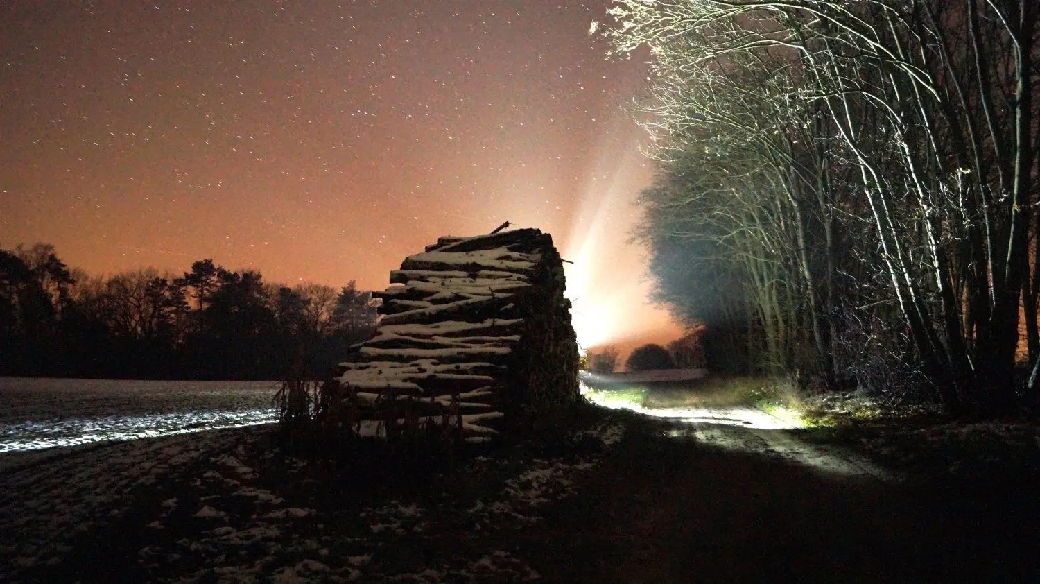 Harald Schenke nutzt auch künstliche Lichtquellen, um seine Fotomotive in Szene zu setzen. Wie etwa diesen hinterleuchteten Holzpolter am Gehweg von Waltersdorf nach Wüstermarke. Das Bild nahm er im Januar unter einem sternenübersäten Nachthimmel auf.