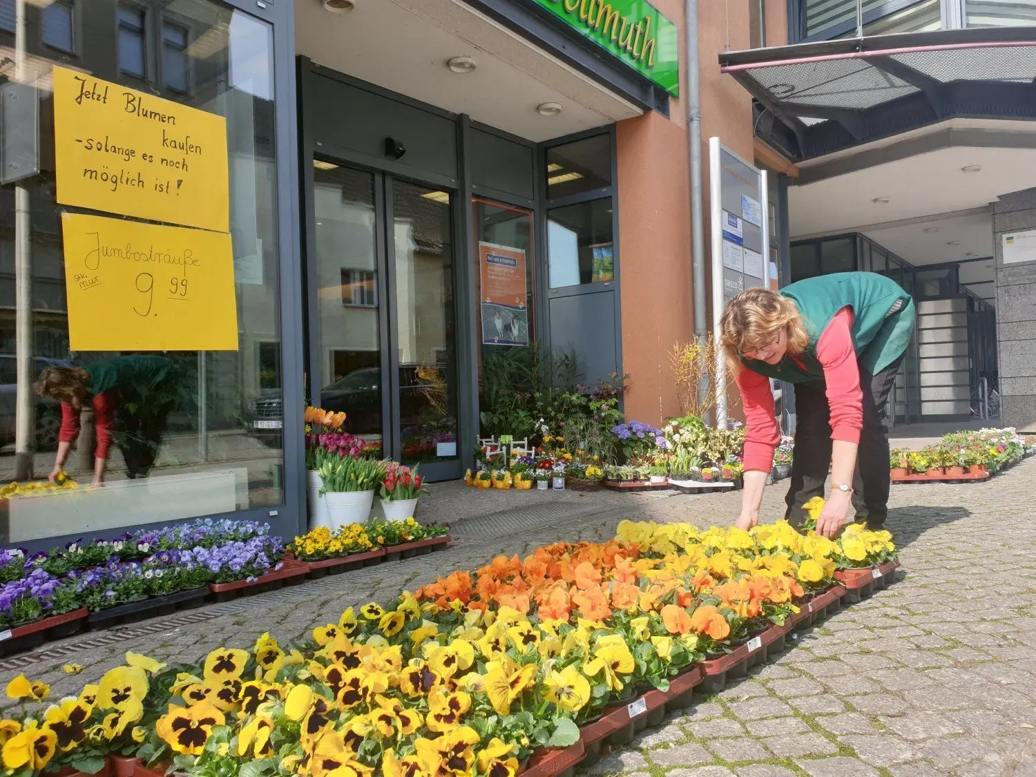 Am vorletzten Verkaufstag ist bei Blumen Hellmuth noch ein großer bunter Teppich an Topfpflanzen zu haben. Viel Zeit, die Ware an den Kunden zu bringen, hatten die Eheleute zu diesem Zeitpunkt nicht mehr.