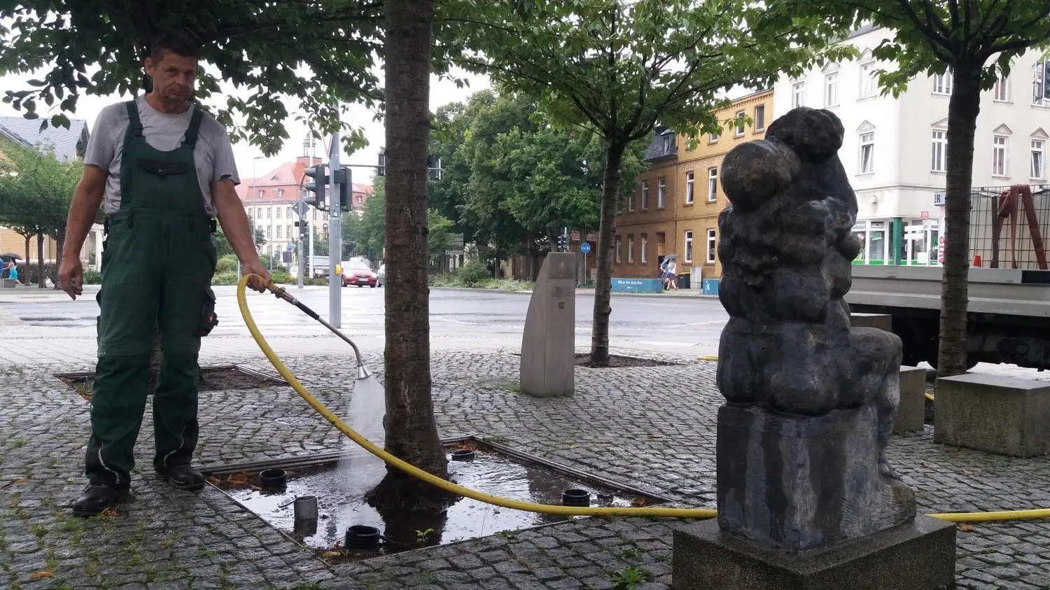 Brauchen viel Wasser: die Zierkirschen auf dem Ernst-Sauer-Platz in Senftenberg. Arndt Kaiser, Mitarbeiter von Blumen-Mädler, gießt die Bäume regelmäßig.