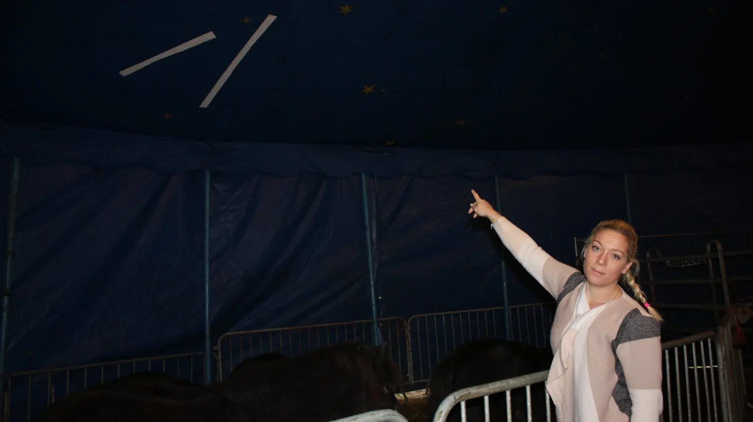 Circus-Chefin Natalie Frank zeigt die notdürftig geschweißte Plane des Foyerzeltes. Am 3. Januar war es aufgrund der Schneelast eingestürzt und gerissen.