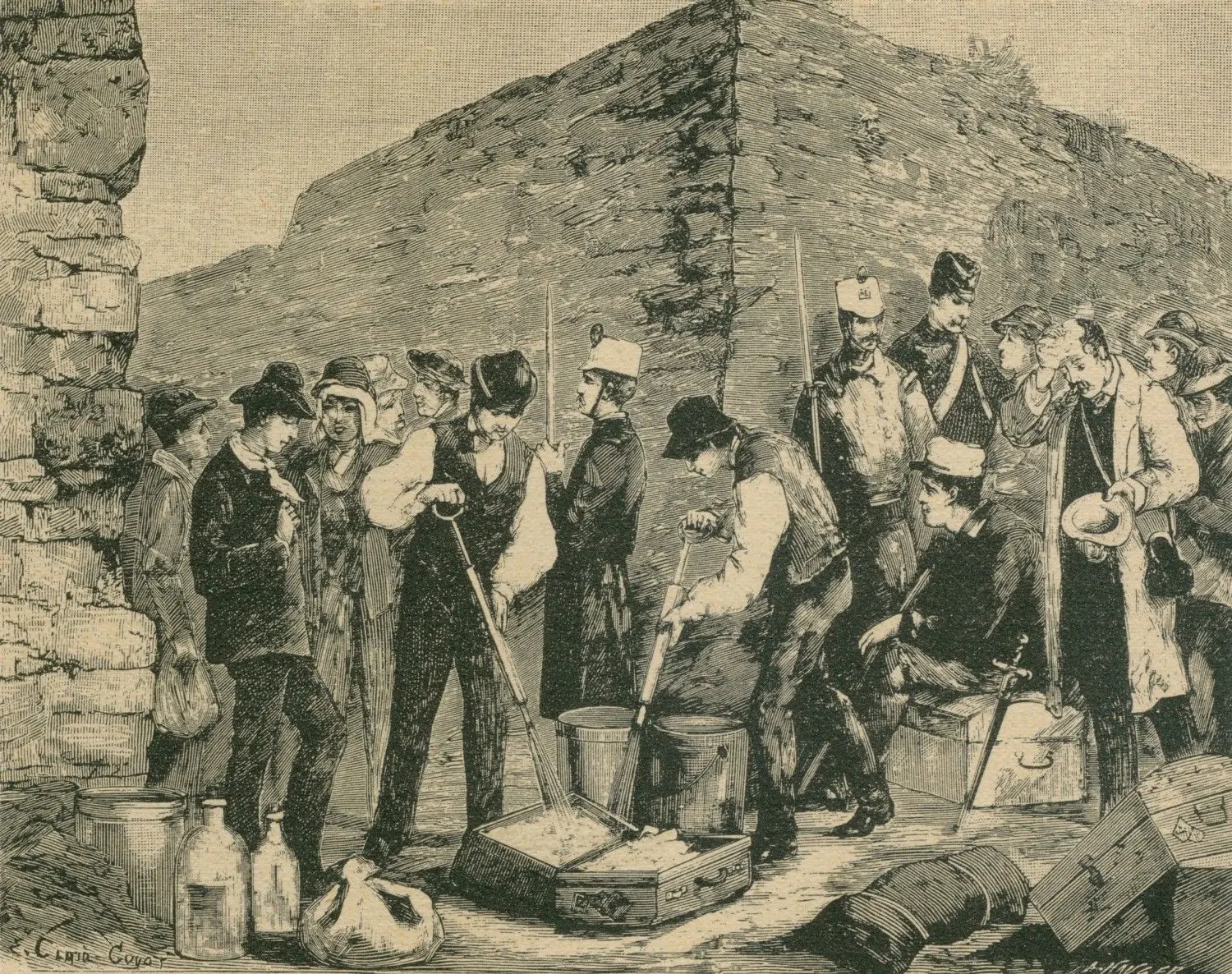 In der Cholera-Epidemie in Frankreich (1884) desinfizieren die Mitarbeiter des Gesundheitswesens das Gepäck an einer Quarantänestation für Reisende auf See (von einer Skizze von E. Clair-Guyot, für L'Illustration). Auch nach Cottbus kam1891 die Cholera.