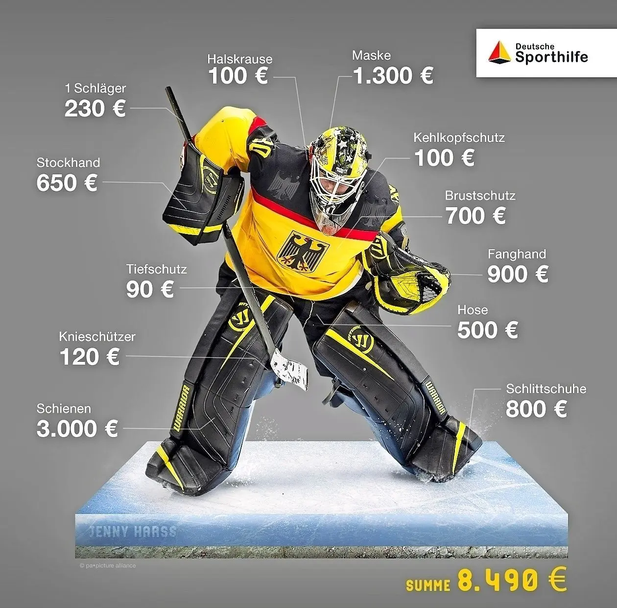Eine Übersicht der Deutschen Sporthilfe zeigt: Die Eishockey-Ausrüstung einer Torfrau ist sehr kostspielig. Die meisten Spielerinnen könnten sie sich ohne Unterstützung nicht leisten.
