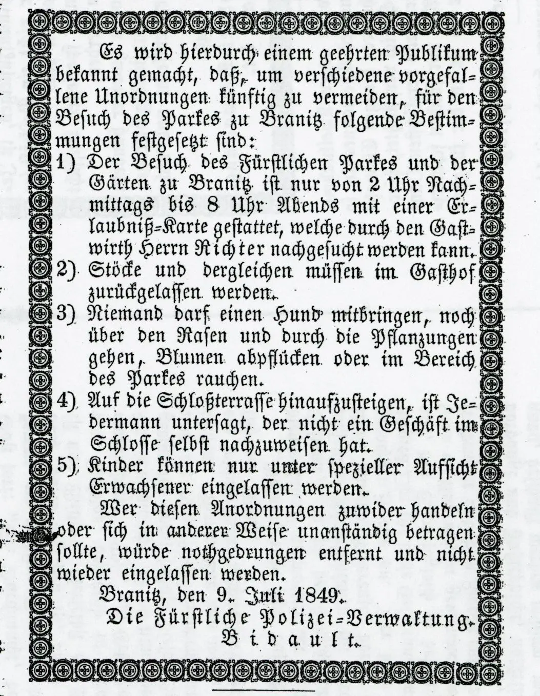 Abdruck der Parkordnung im Cottbuser Anzeiger vom 14. Juli 1849.