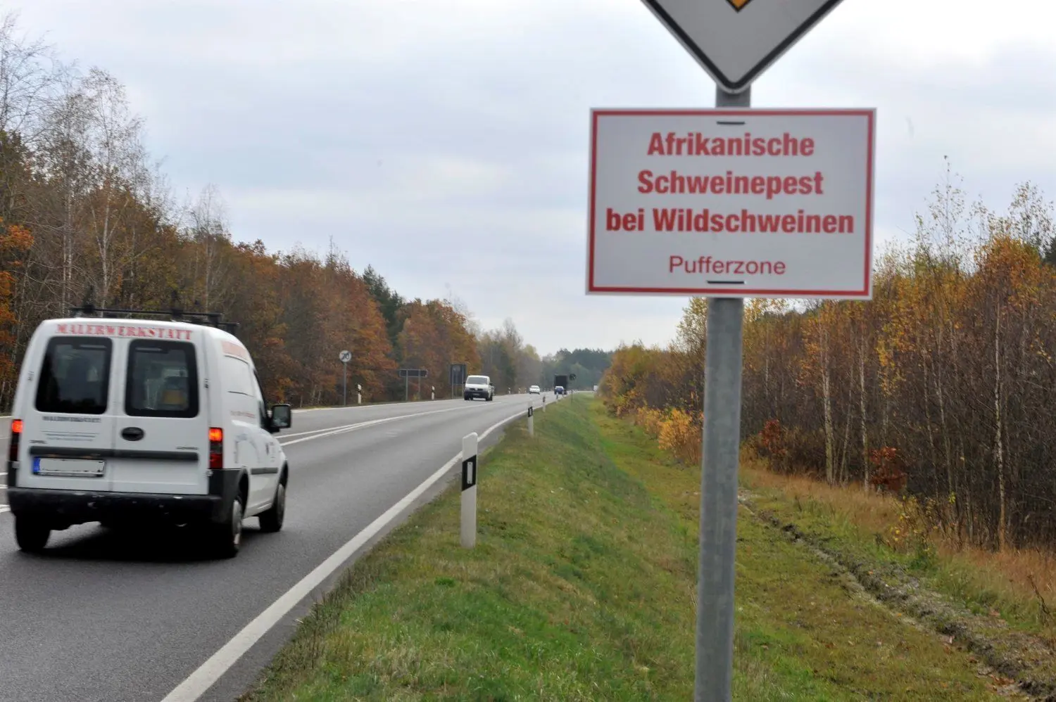 Rings um Krauschwitz ist eine Pufferzone zwischen dem Risikogebiet und dem Umland eingerichtet worden. Hinweisschilder wie hier an der B 156 weisen darauf hin. Auch in der Pufferzone gelten bestimmte Regeln.