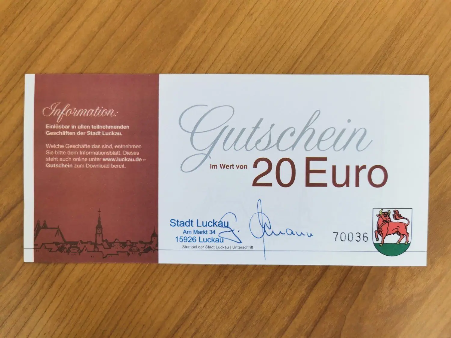 So muss der Luckau-Gutschein aussehen und ein Wasserzeichen besitzen.