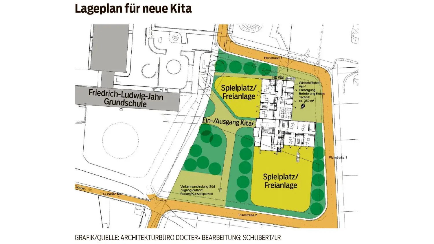 Die neue Kita soll direkt neben der bestehenden Friedrich-Ludwig-Jahn-Grundschule entstehen.