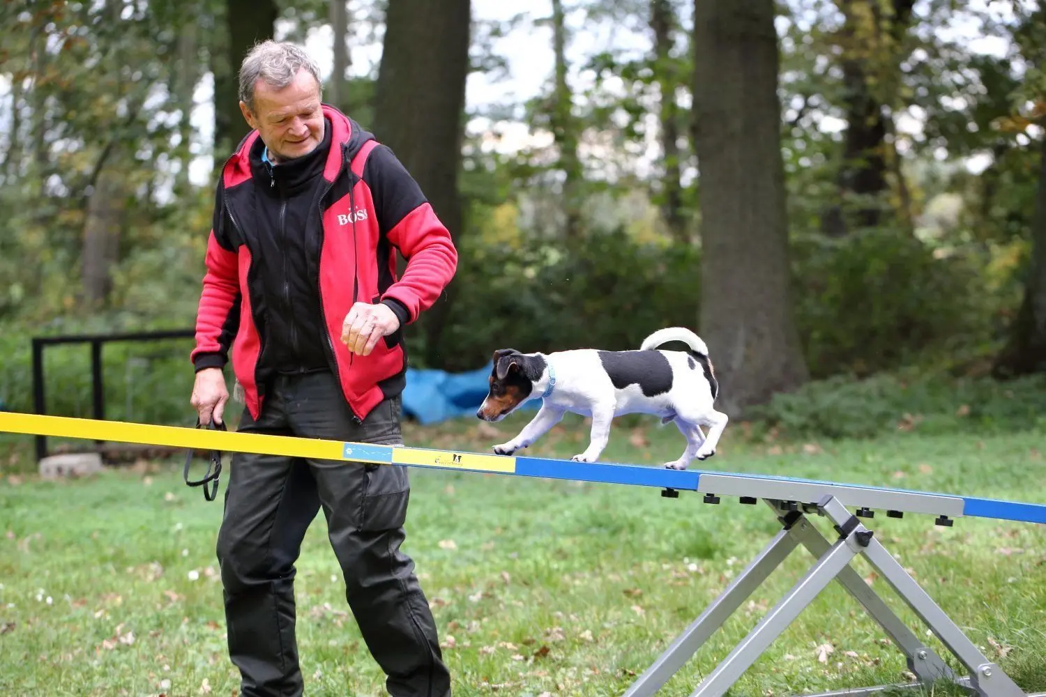 Norbert Schefter mit Jack Russel Terrier Rüde Dandy (5 Monate) auf dem neuen Hundeparcours in Forst.