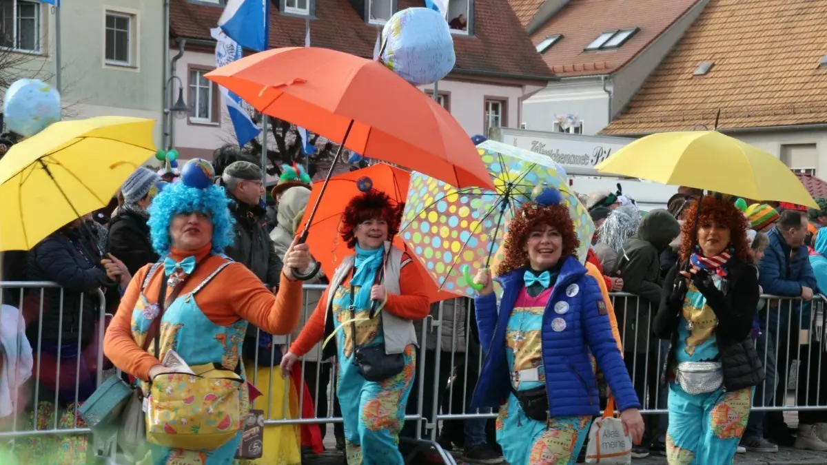 Ob Regen oder Sonne - mit Schirm ist man auf der sicheren Seite.
Rosenmontagsumzug 2023 des Wittichenauer Karnevals.