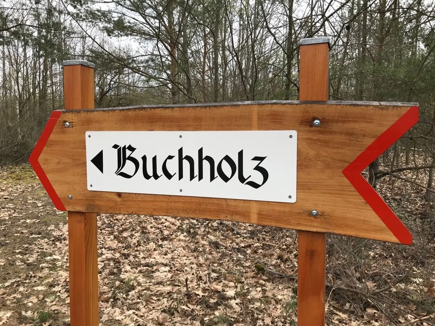 Wegweiser zur Ortserinnerungsstätte Buchholz. Dieser steht an der Straße von Göritz nach Pritzen. Vorsicht: In der Gegenrichtung ist er leicht zu übersehen.