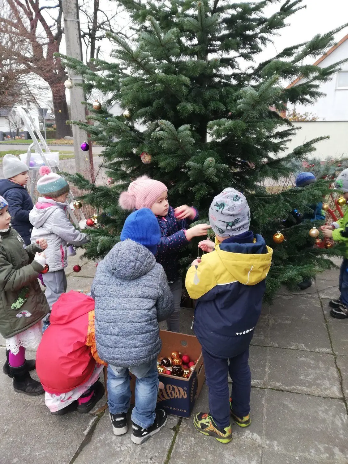 Kinder aus der Kita ,,Lustige Früchtchen" schmücken in Byhleguhre den Weihnachtsbaum vorm ehemaligen Dorfkonsum.