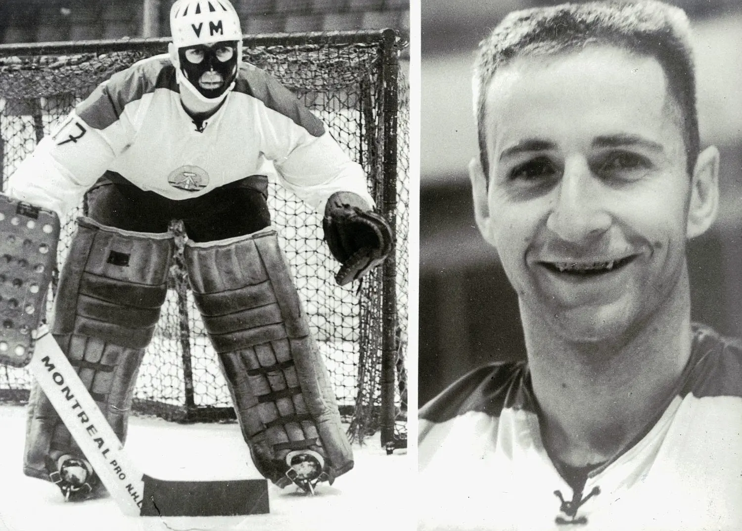 Klaus Hirche mit der schwarzen Maske - Eishockeytorwart Weißwassers und der Nationalmannschaft.So sah das aus, wenn der Mann mit der Maske und „mit den hundert Händen“ das Tor der DDR-Nationalmannschaft hütete.