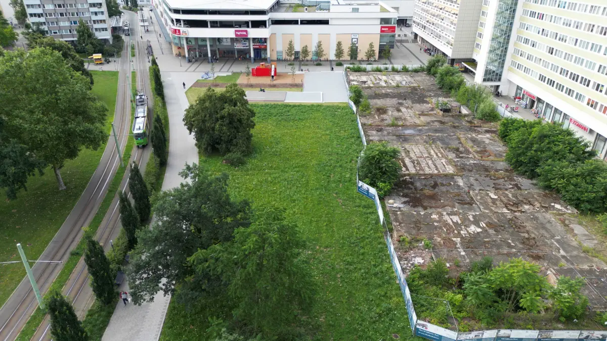 Luft Stadtpromenade Juli 2024 : Luftaufnahme vom 5. Juli 2024
Blick auf die frühere Brache in der Stadtpromeande mit Blühwiese.