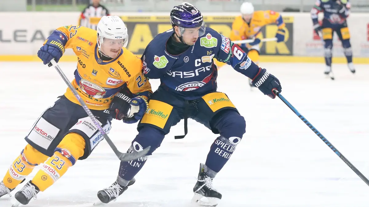 Lausitzer Fuechse vs. Eisbaeren Berlin: 25.08.2024, Weisswasser, Lausitzer Fuechse vs. Eisbaeren Berlin
Lane Scheidl (23, Lausitzer Fuechse), Kai Wissmann (6, Eisbaeren Berlin)